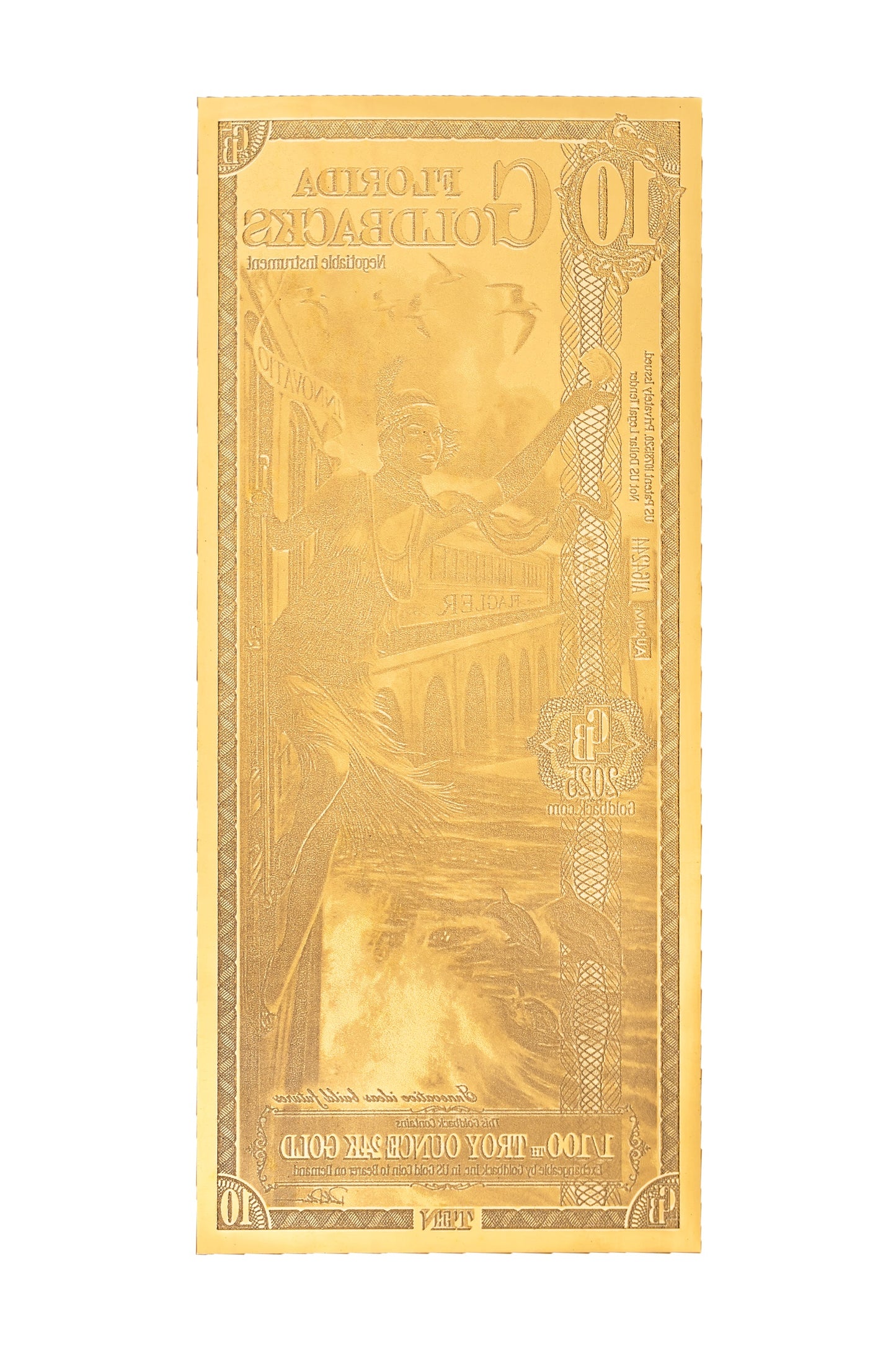 10 Florida Goldback Gold Note — .9999 Fine 24k Gold Goldback