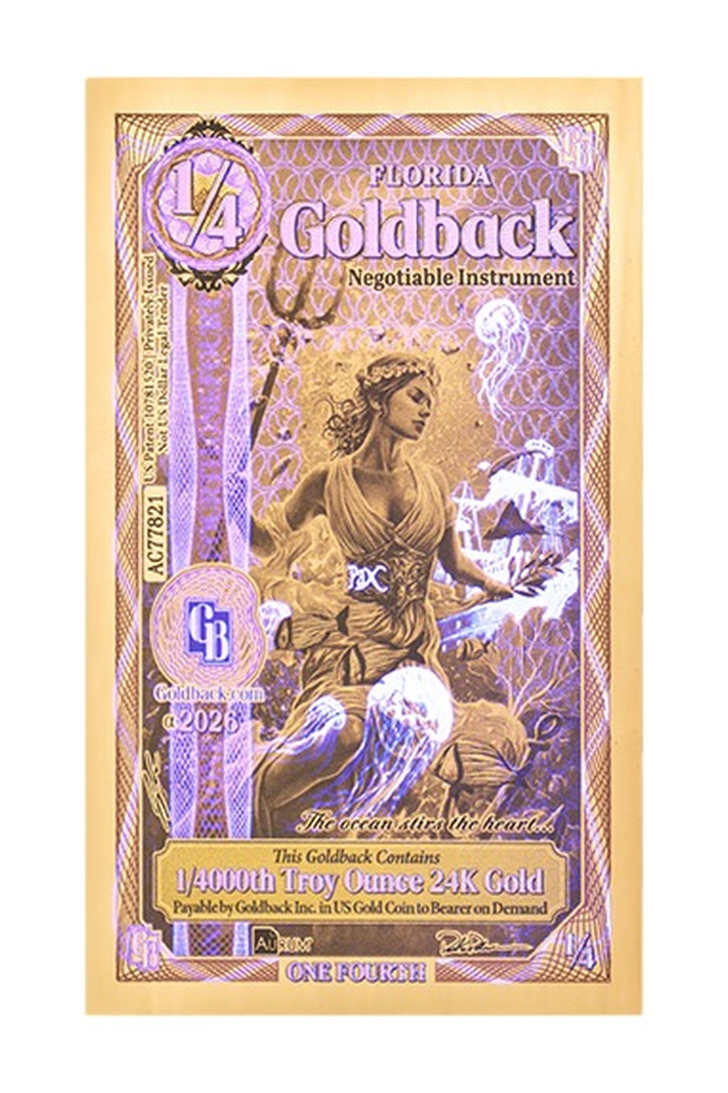 ¼ Florida Goldback Gold Note