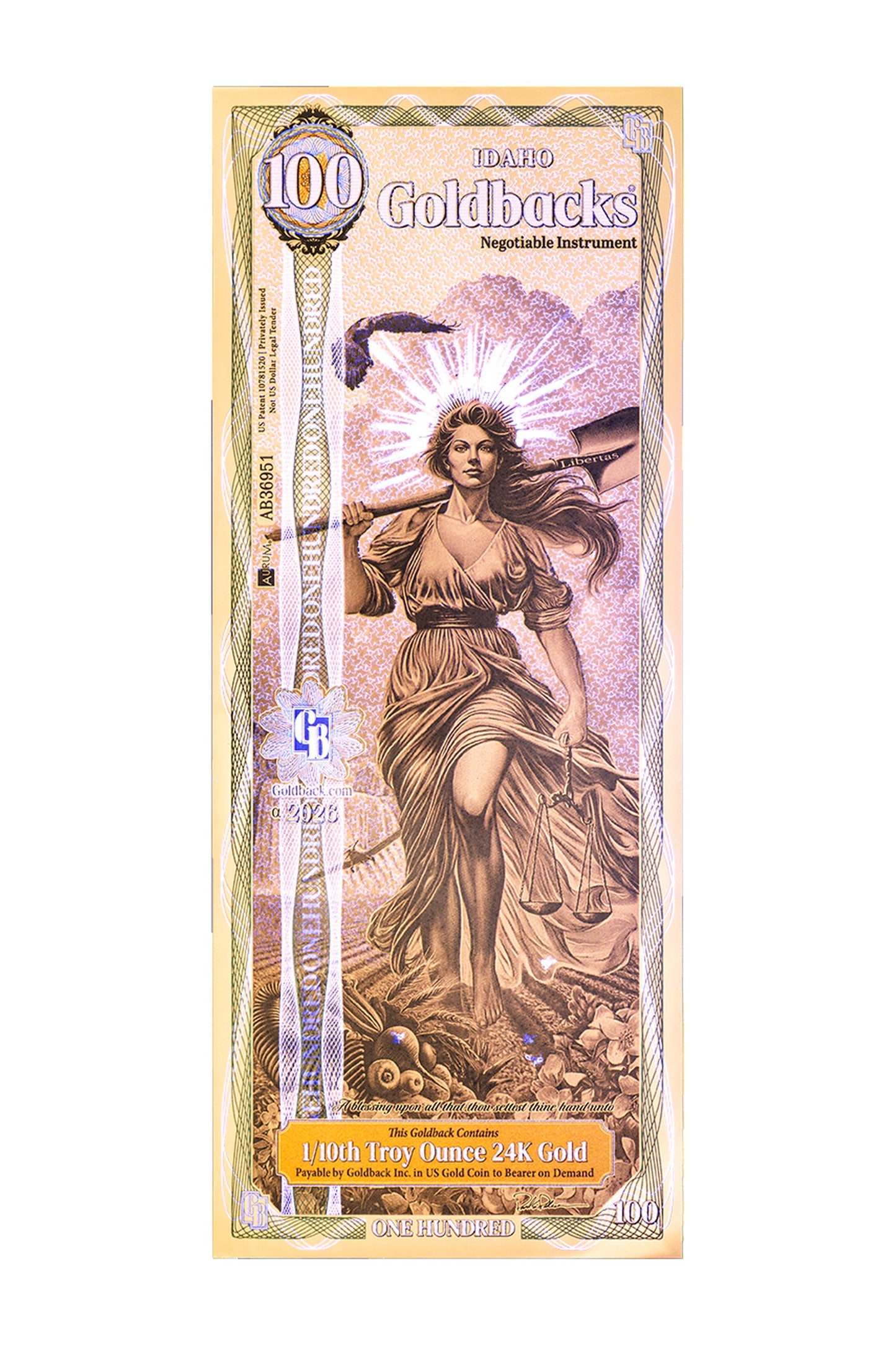 100 Idaho Goldback Gold Note — .9999 Fine 24k Gold Goldback
