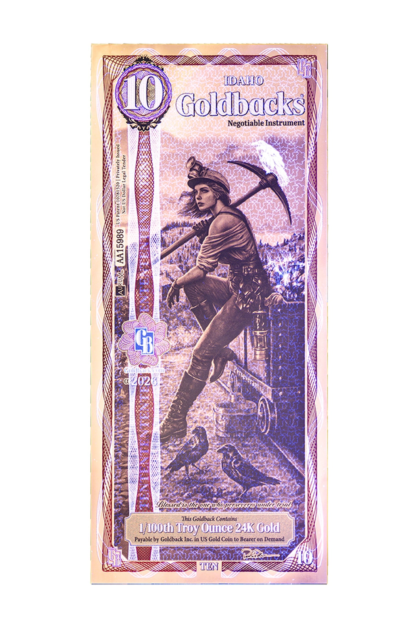 10 Idaho Goldback Gold Note — .9999 Fine 24k Gold Goldback