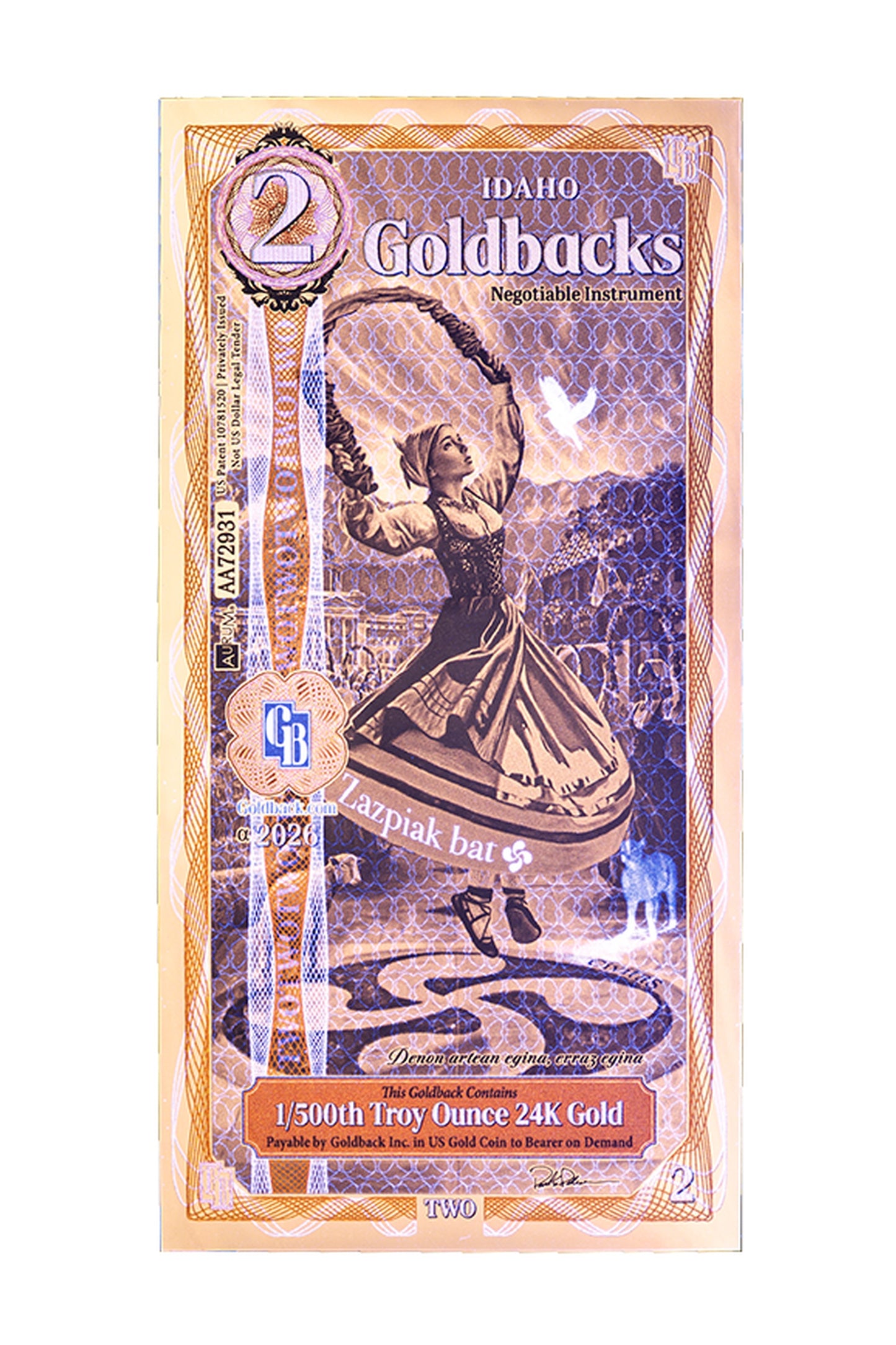 2 Idaho Goldback Gold Note — .9999 Fine 24k Gold Goldback