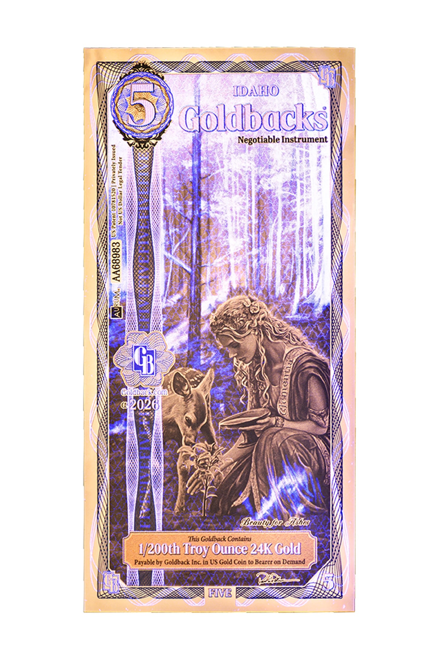 5 Idaho Goldback Gold Note — .9999 Fine 24k Gold Goldback