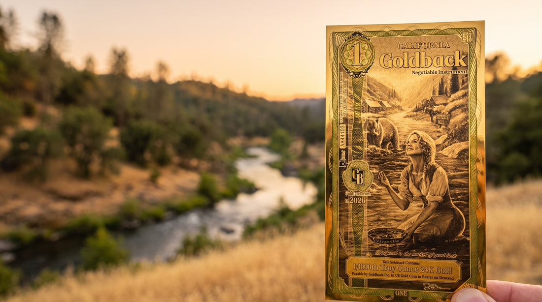 1 California Goldback gold note showing Diligentia panning for gold at Sutter's Mill