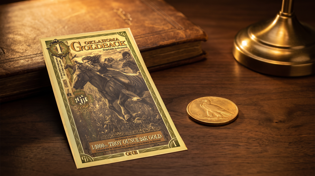 Oklahoma 1 Goldback note holding 1/1,000 troy ounce of 24k gold beside an antique gold coin on a wooden desk