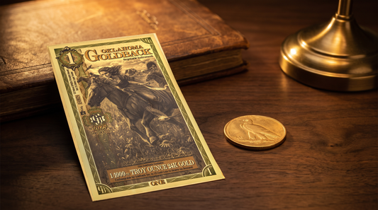 Oklahoma 1 Goldback note holding 1/1,000 troy ounce of 24k gold beside an antique gold coin on a wooden desk