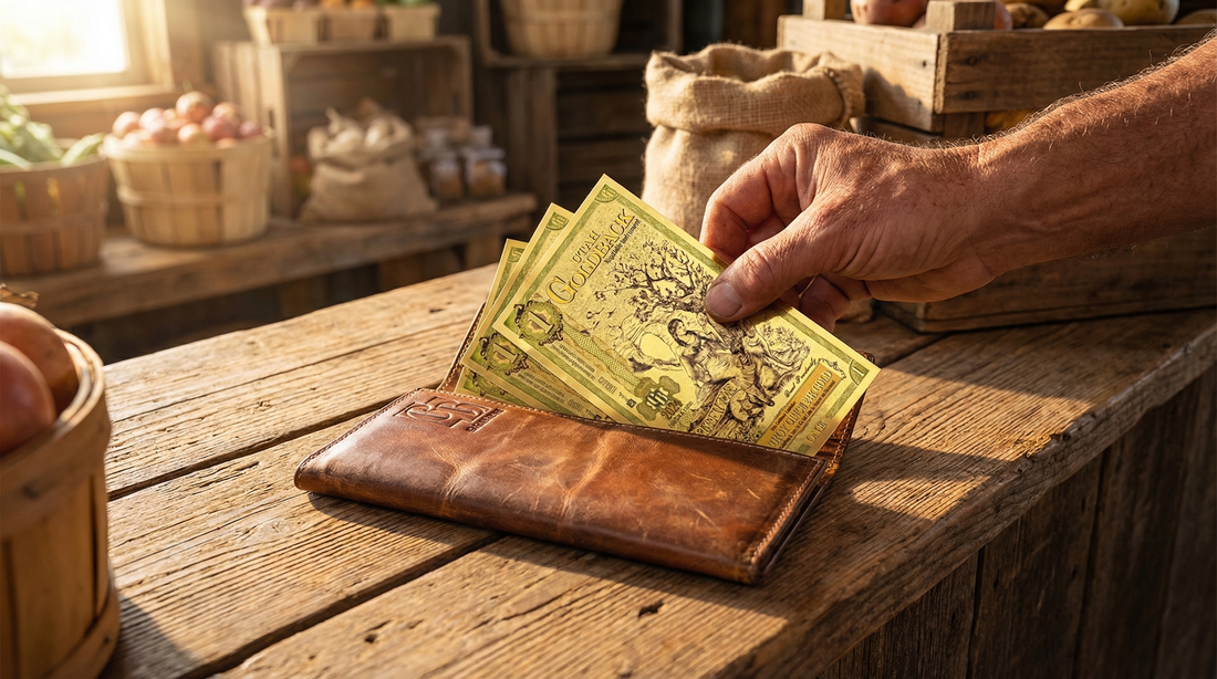 Hand pulling Goldback notes from a leather wallet at a local farm stand market