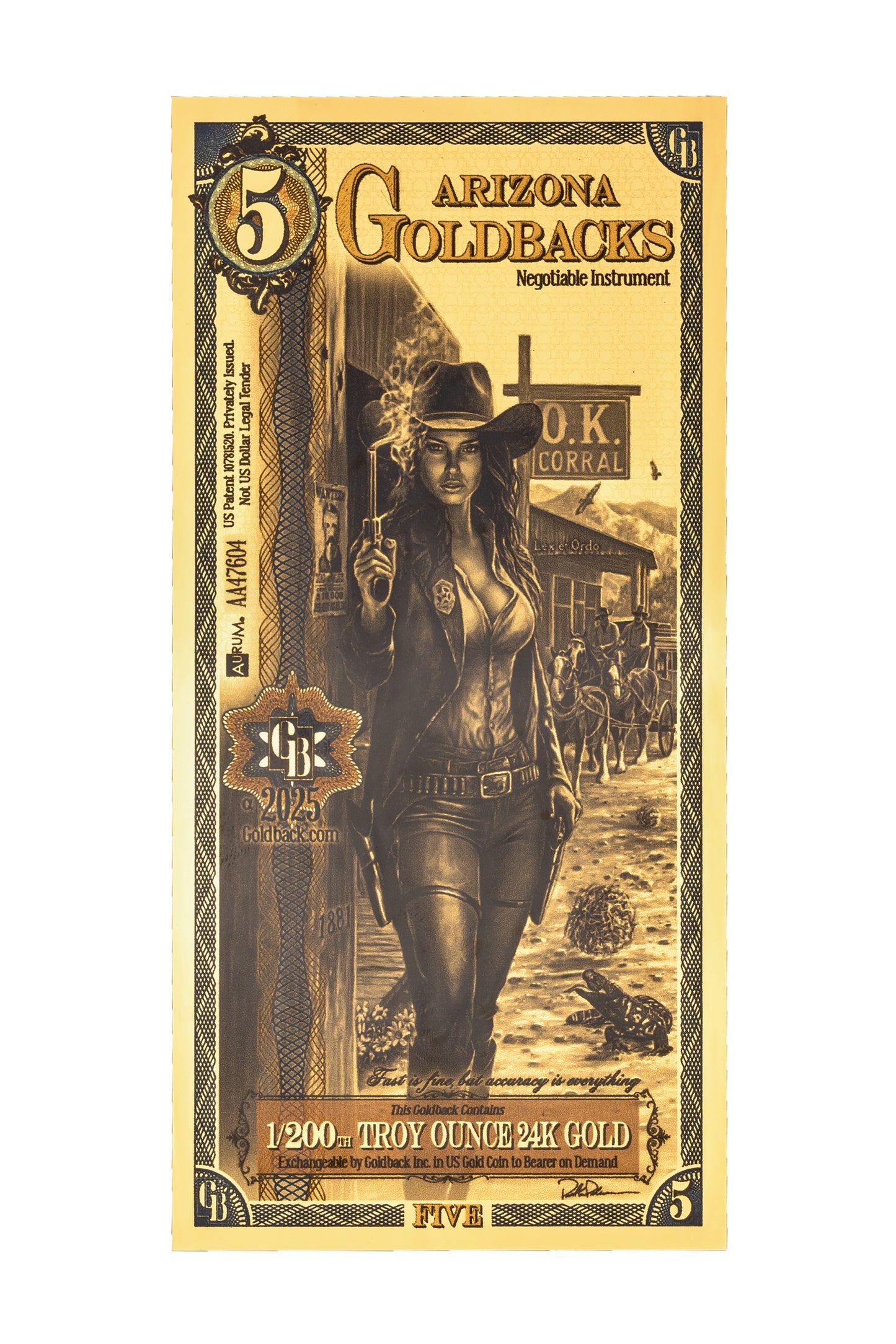 5 Arizona Goldback Gold Note — .9999 Fine 24k Gold Goldback