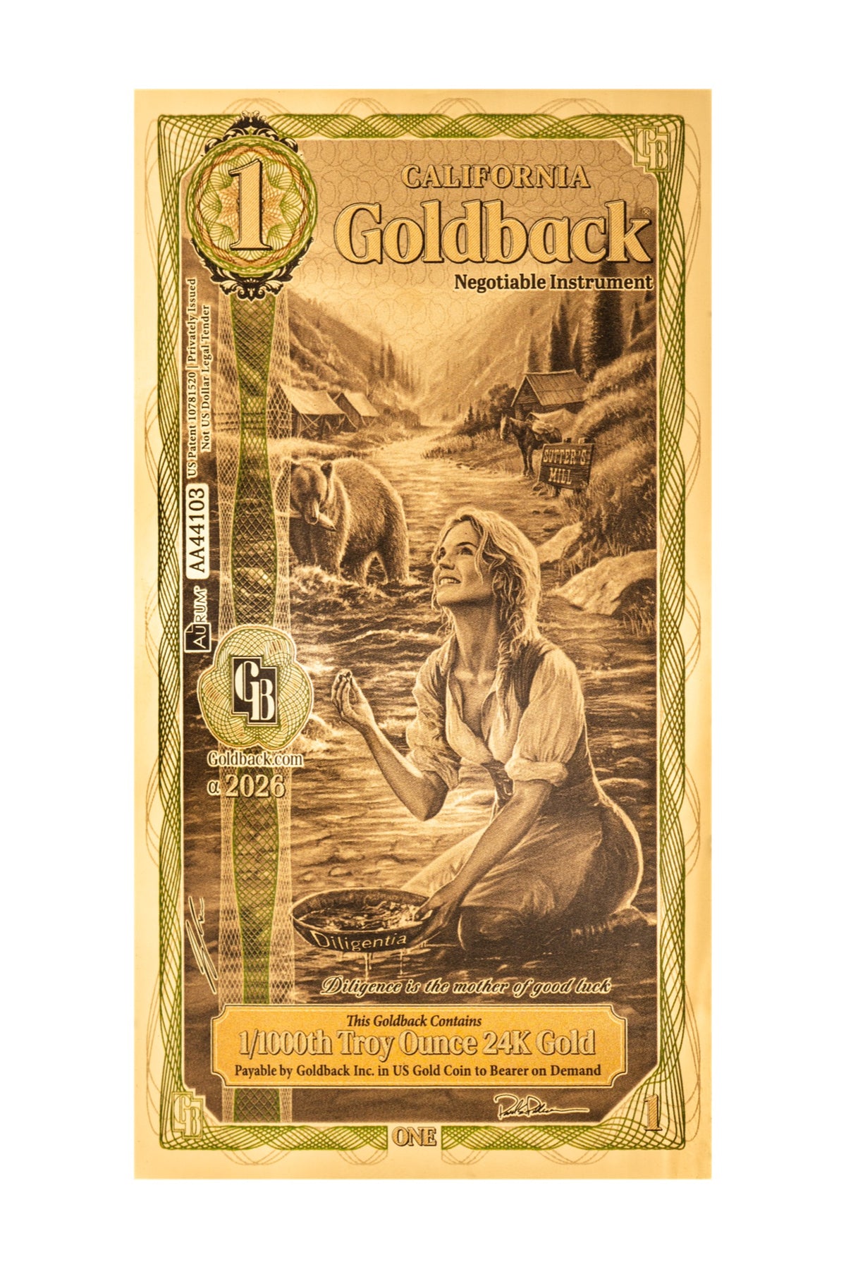 1 California Goldback Gold Note — .9999 Fine 24k Gold Goldback