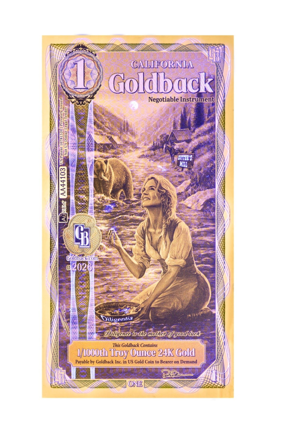 1 California Goldback Gold Note — .9999 Fine 24k Gold Goldback
