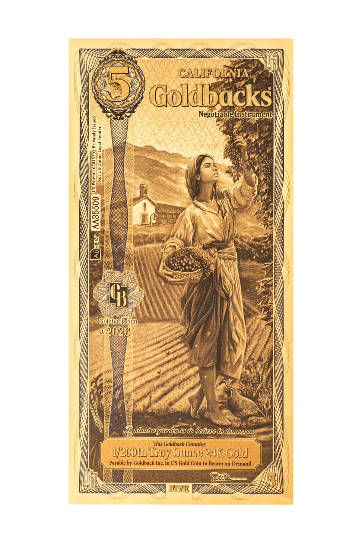 5 California Goldback Gold Note — .9999 Fine 24k Gold Goldback