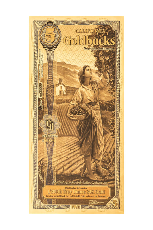 5 California Goldback Gold Note — .9999 Fine 24k Gold Goldback