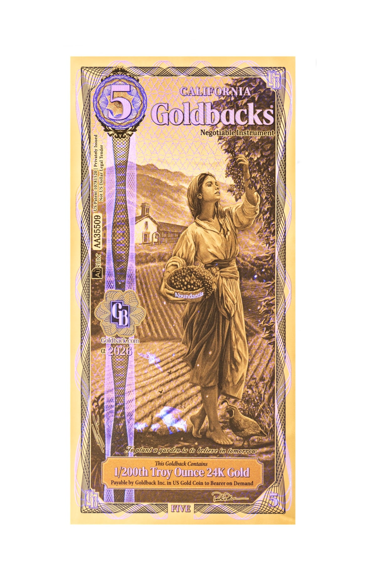 5 California Goldback Gold Note — .9999 Fine 24k Gold Goldback
