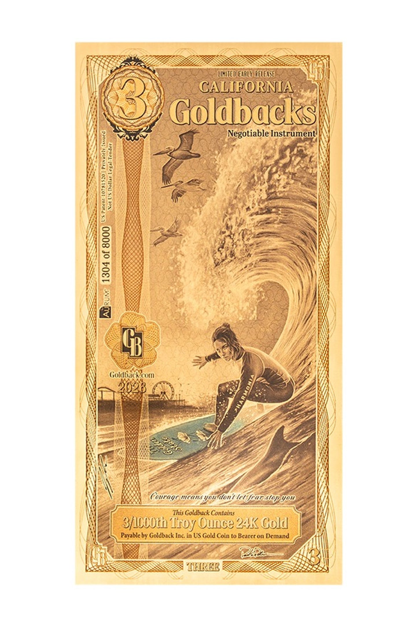 California LER 3 Goldback — front, colorized surfer design
