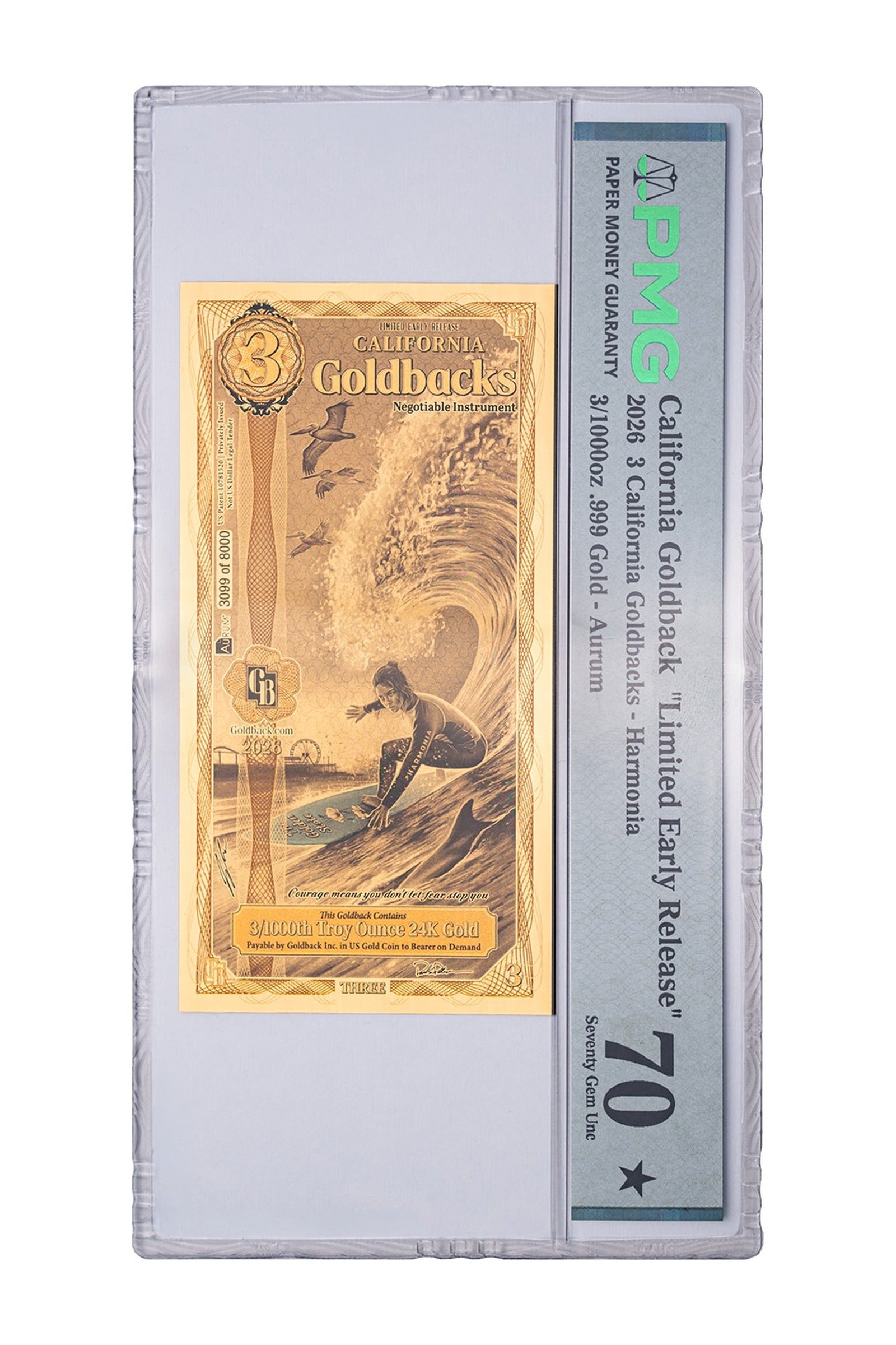 California LER 3 Goldback — PMG graded 70 slab, front