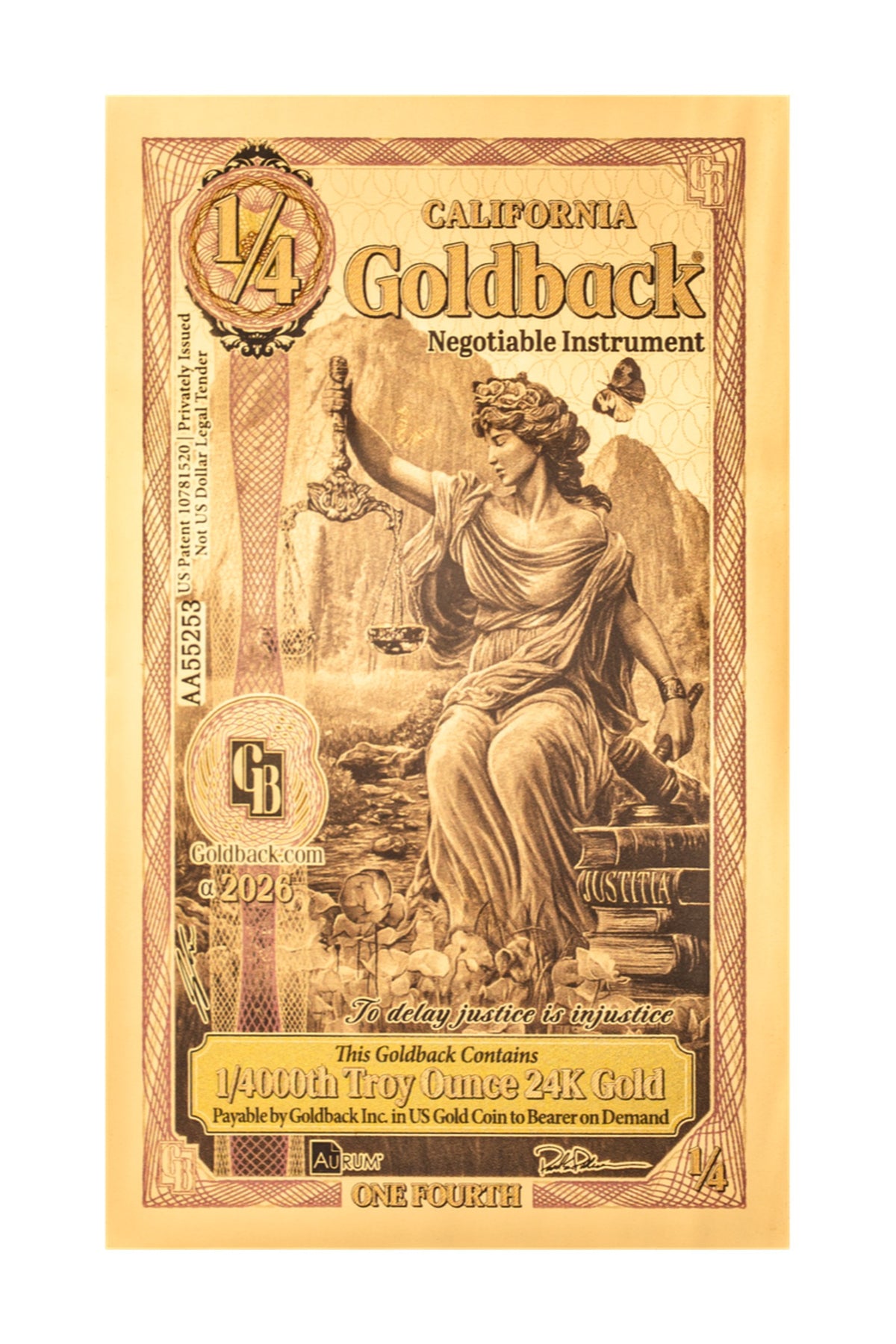 ¼ California Goldback Gold Note — .9999 Fine 24k Gold Goldback