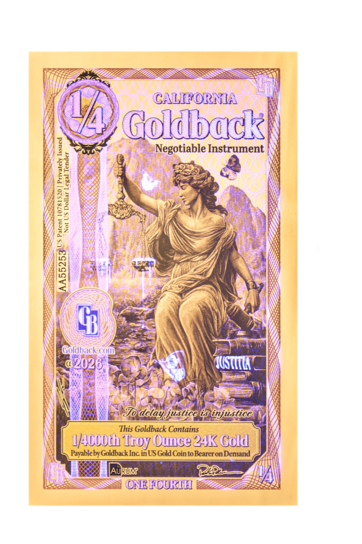 ¼ California Goldback Gold Note — .9999 Fine 24k Gold Goldback