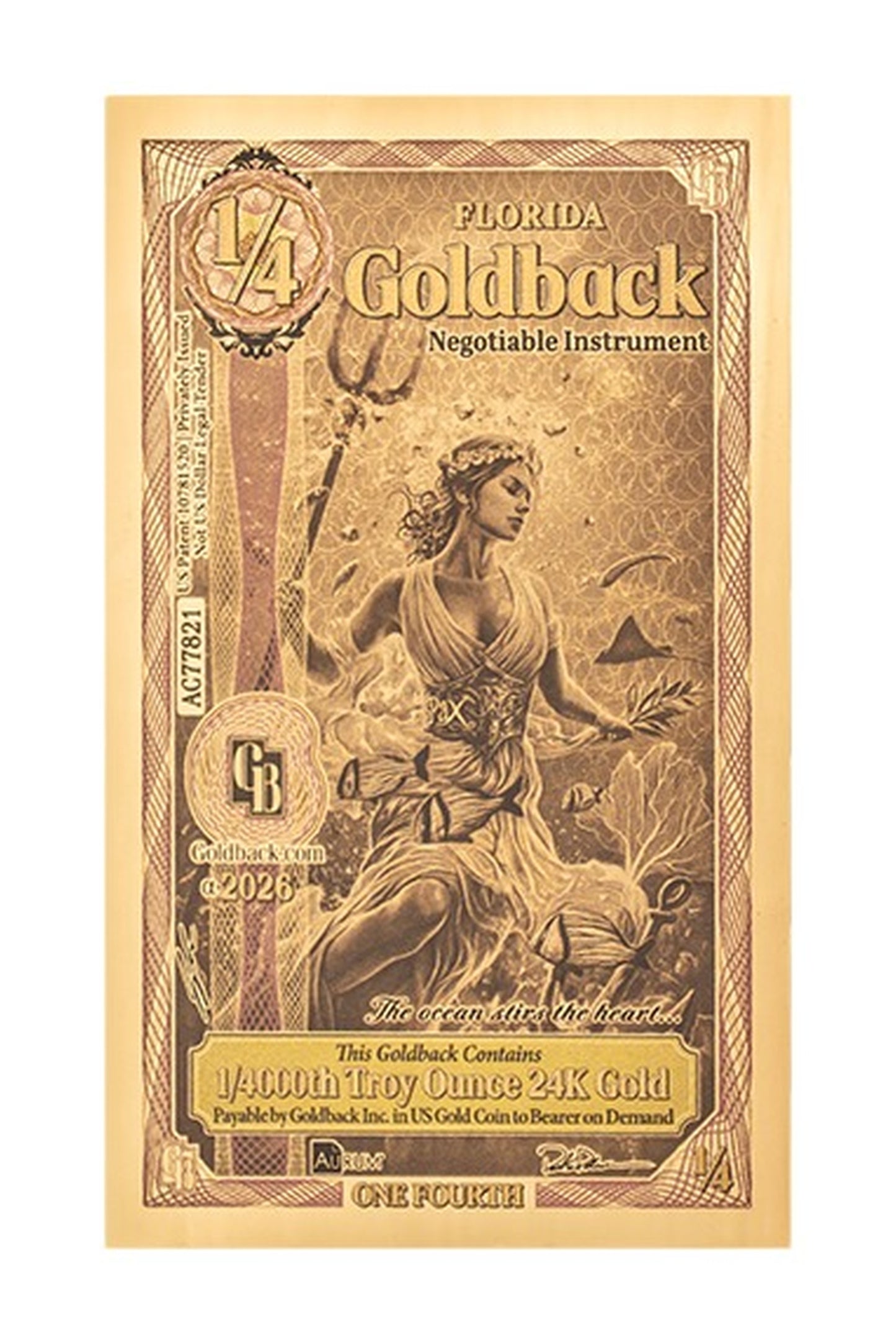 ¼ Florida Goldback Gold Note