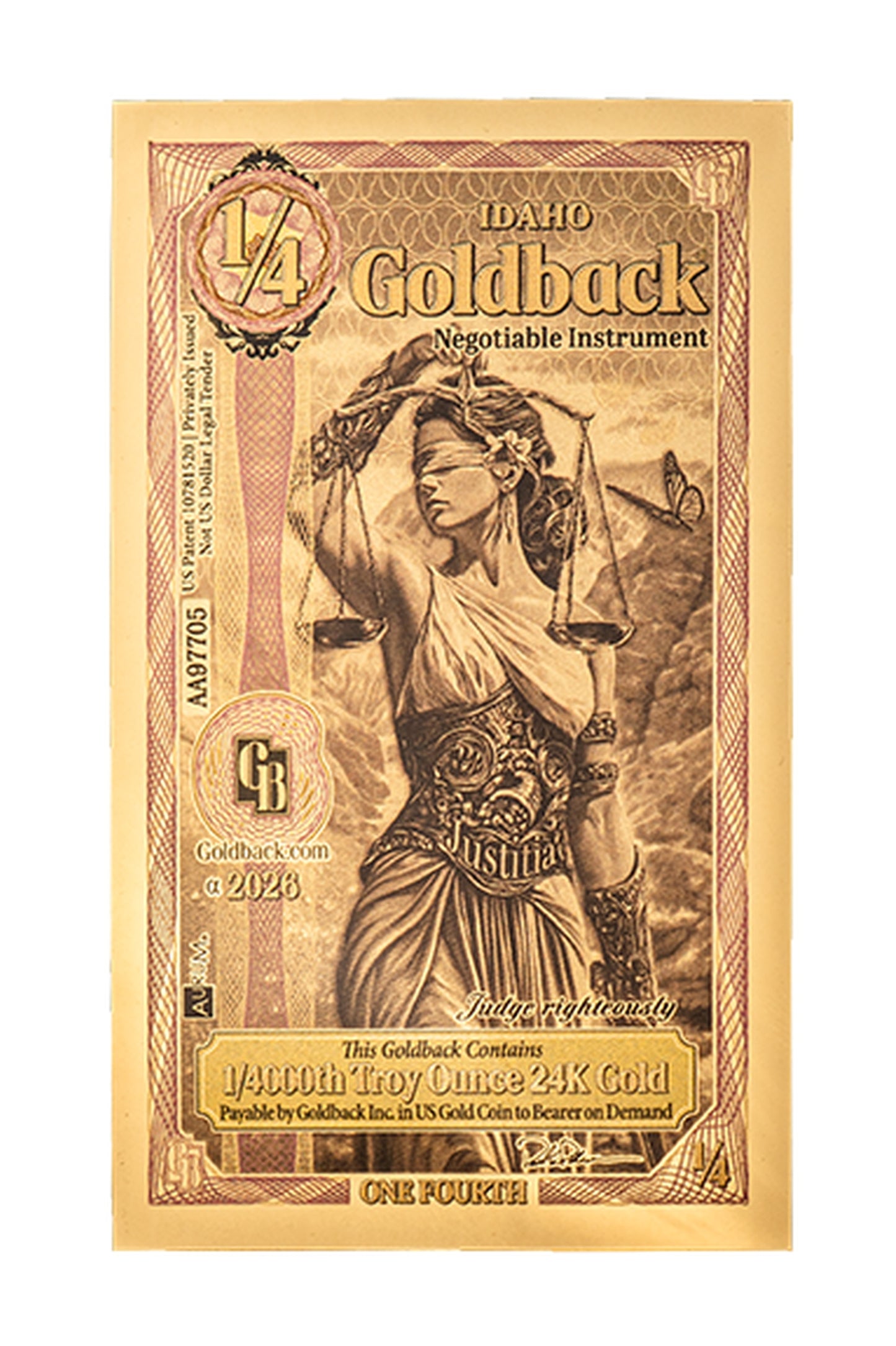 ¼ Idaho Goldback Gold Note — .9999 Fine 24k Gold Goldback