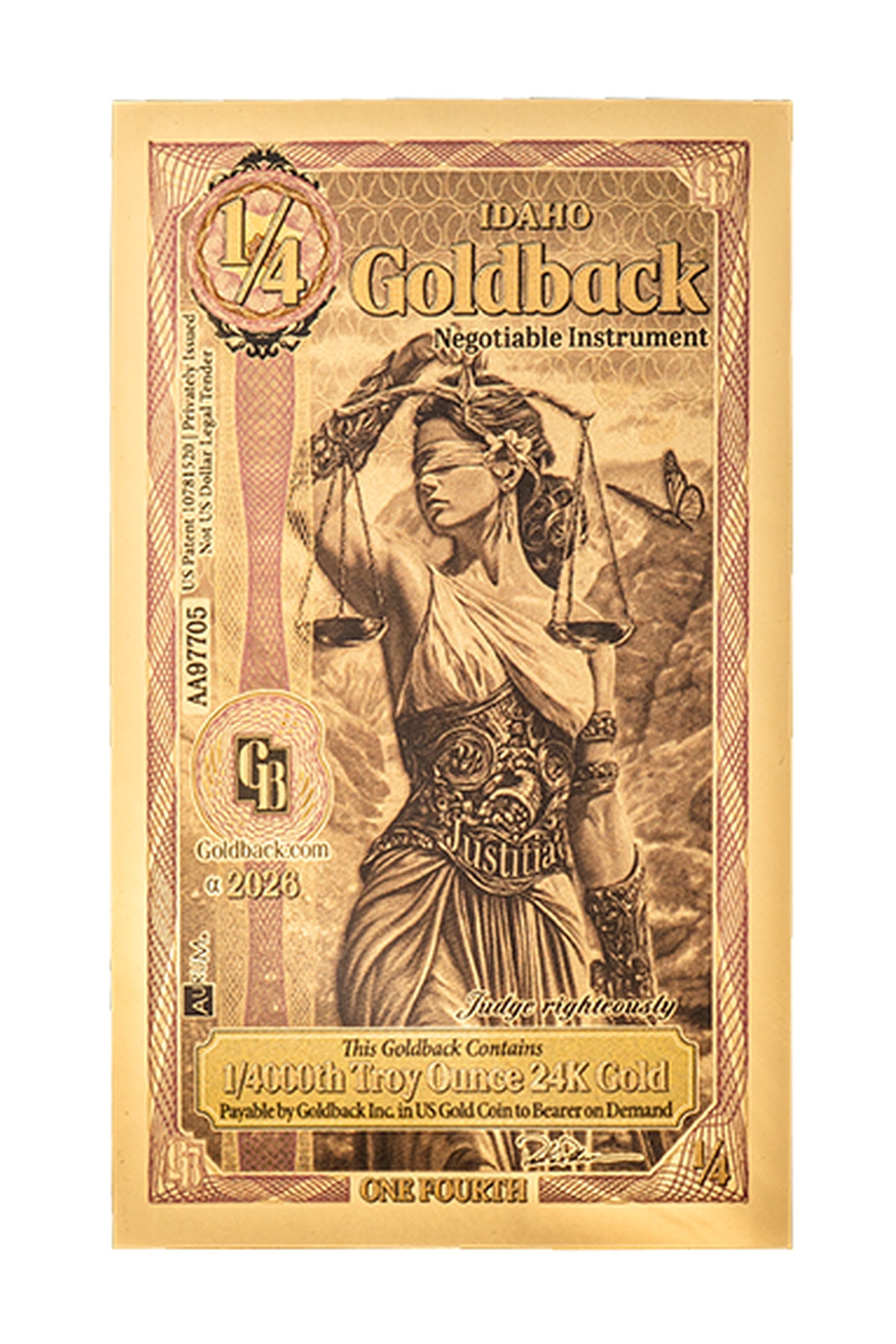 ¼ Idaho Goldback Gold Note — .9999 Fine 24k Gold Goldback