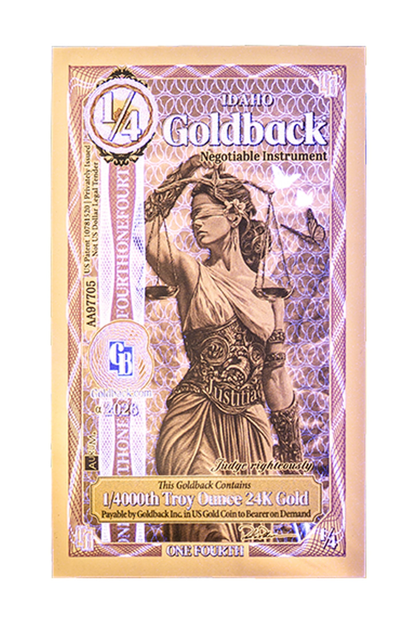 ¼ Idaho Goldback Gold Note — .9999 Fine 24k Gold Goldback