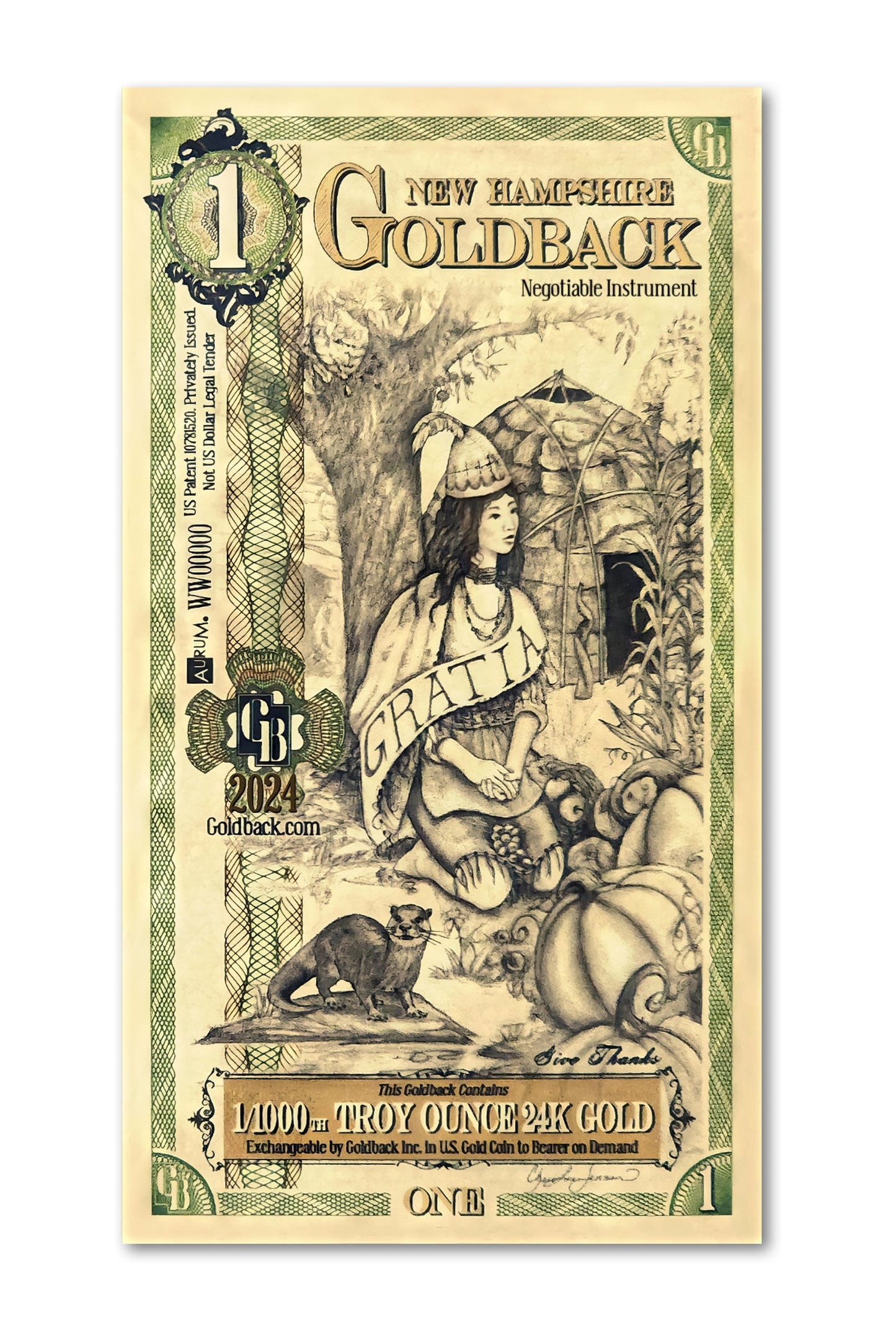 1 New Hampshire Goldback Gold Note