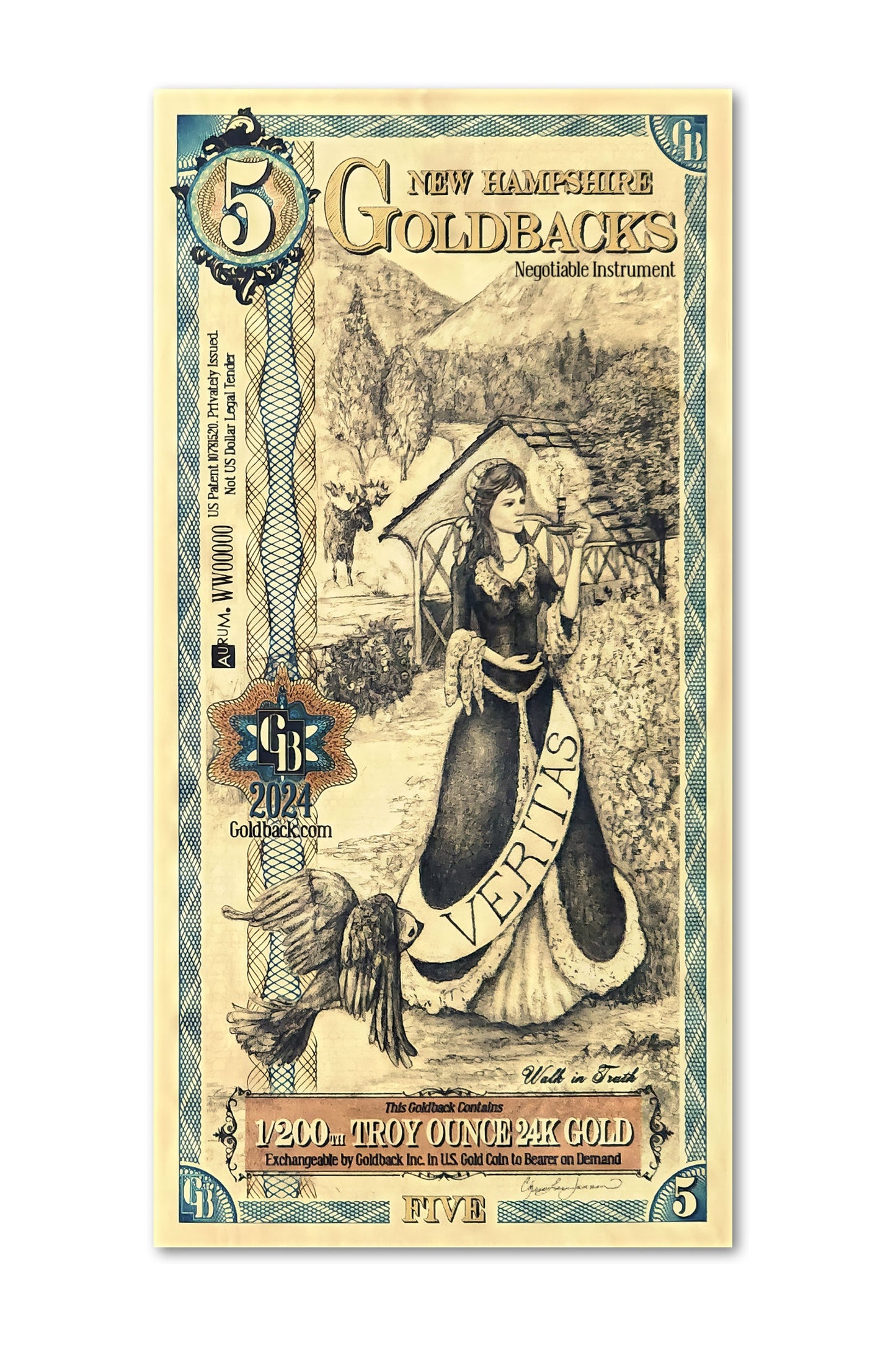 5 New Hampshire Goldback Gold Note