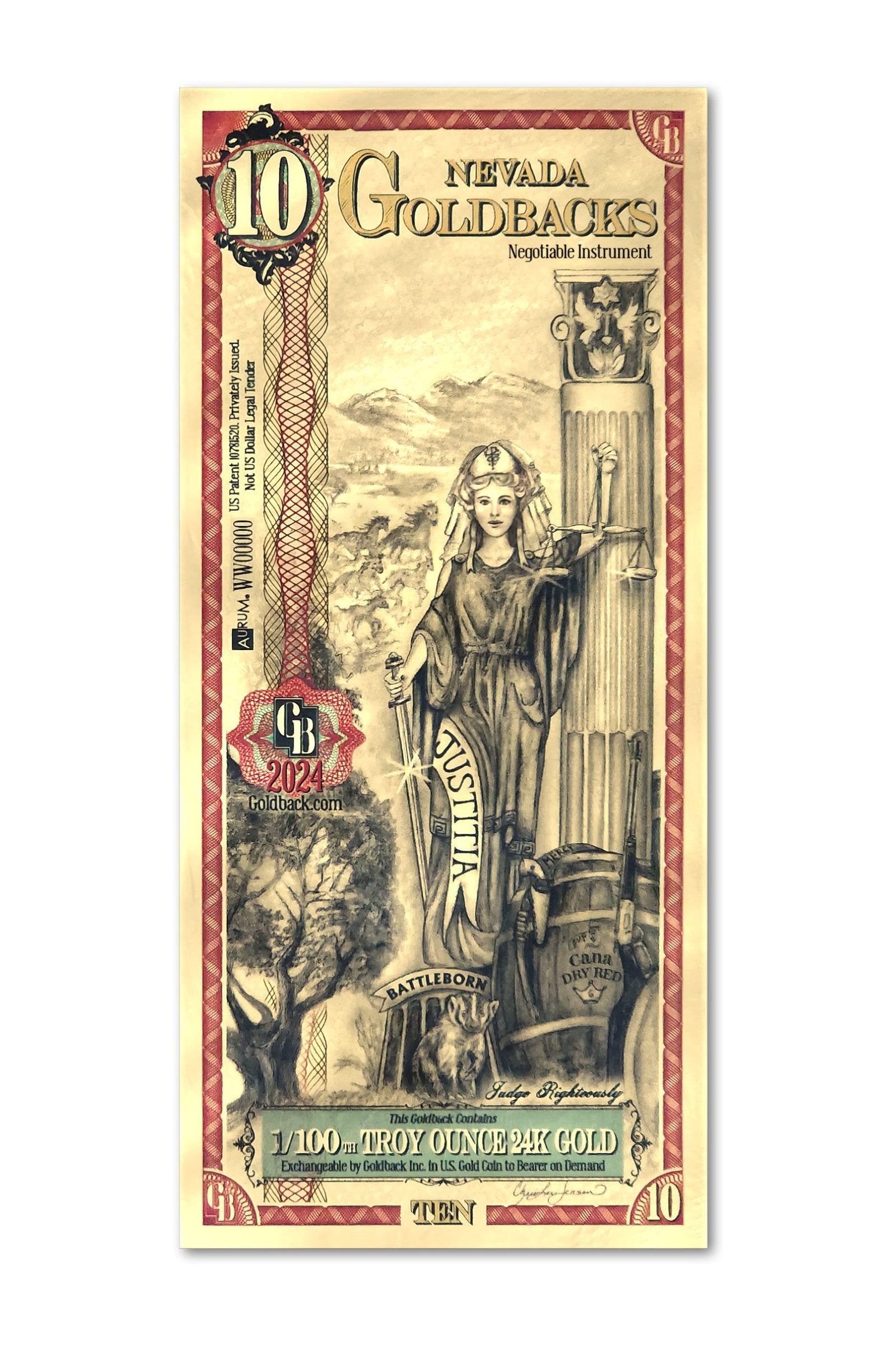 10 Nevada Goldback Gold Note — .9999 Fine 24k Gold Goldback