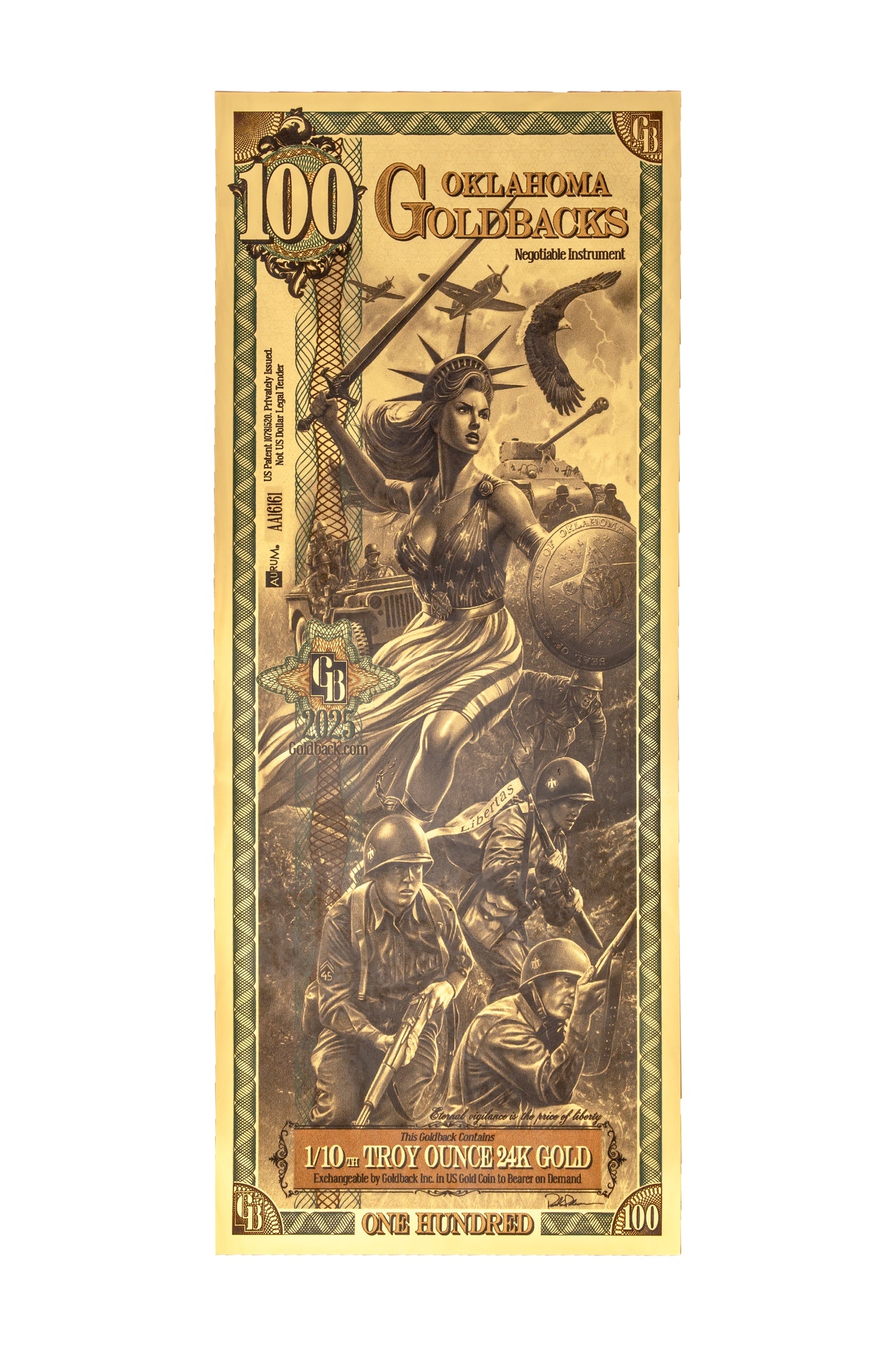 100 Oklahoma Goldback Gold Note — .9999 Fine 24k Gold Goldback