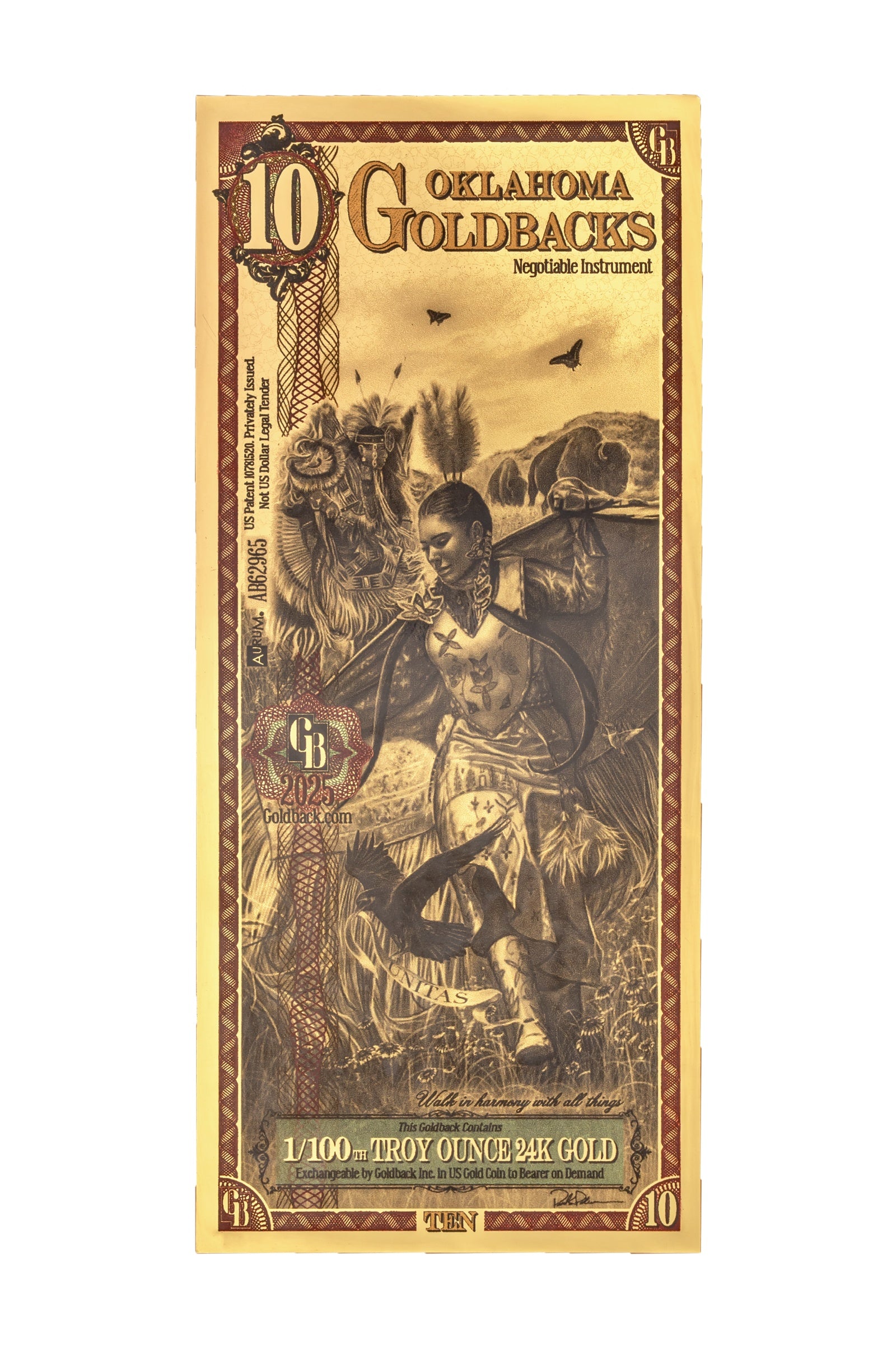 10 Oklahoma Goldback Gold Note — .9999 Fine 24k Gold Goldback