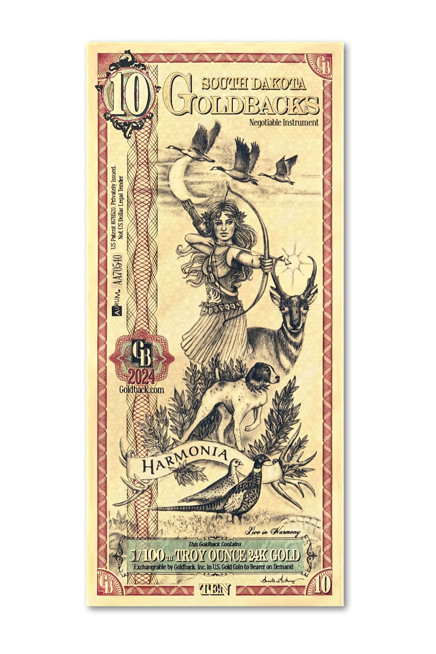 10 South Dakota Goldback Gold Note