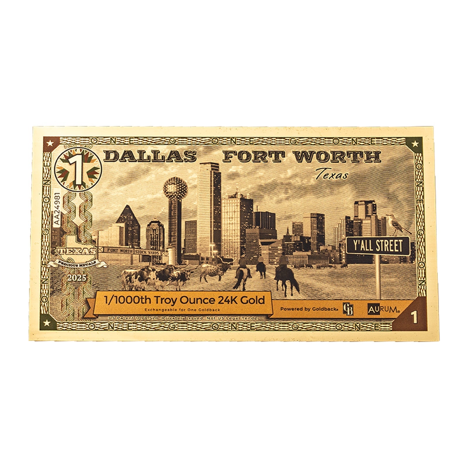 1 Dallas Goldback Gold Note — .9999 Fine 24k Gold Goldback