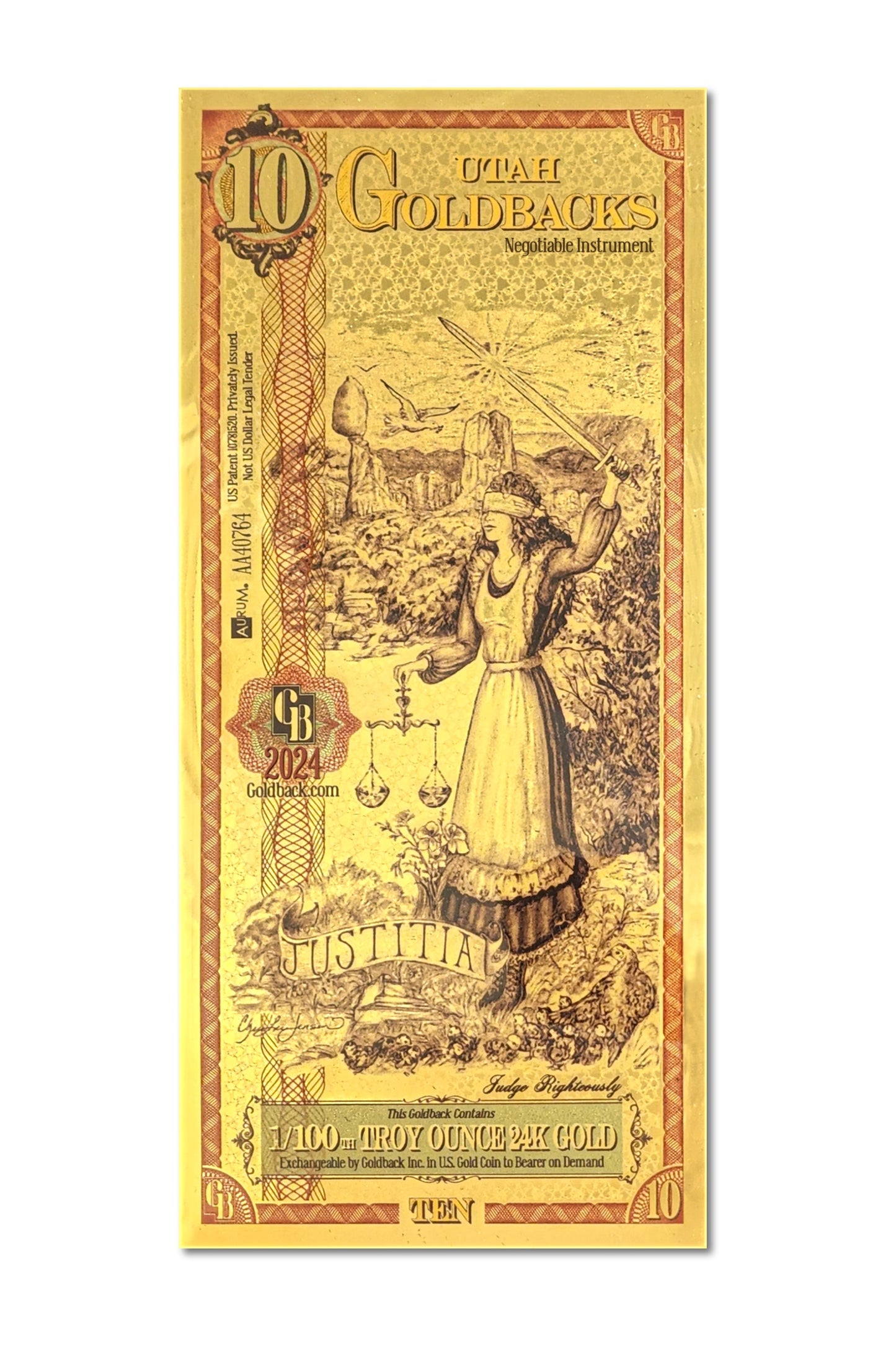 10 Utah Goldback Gold Note — .9999 Fine 24k Gold Goldback