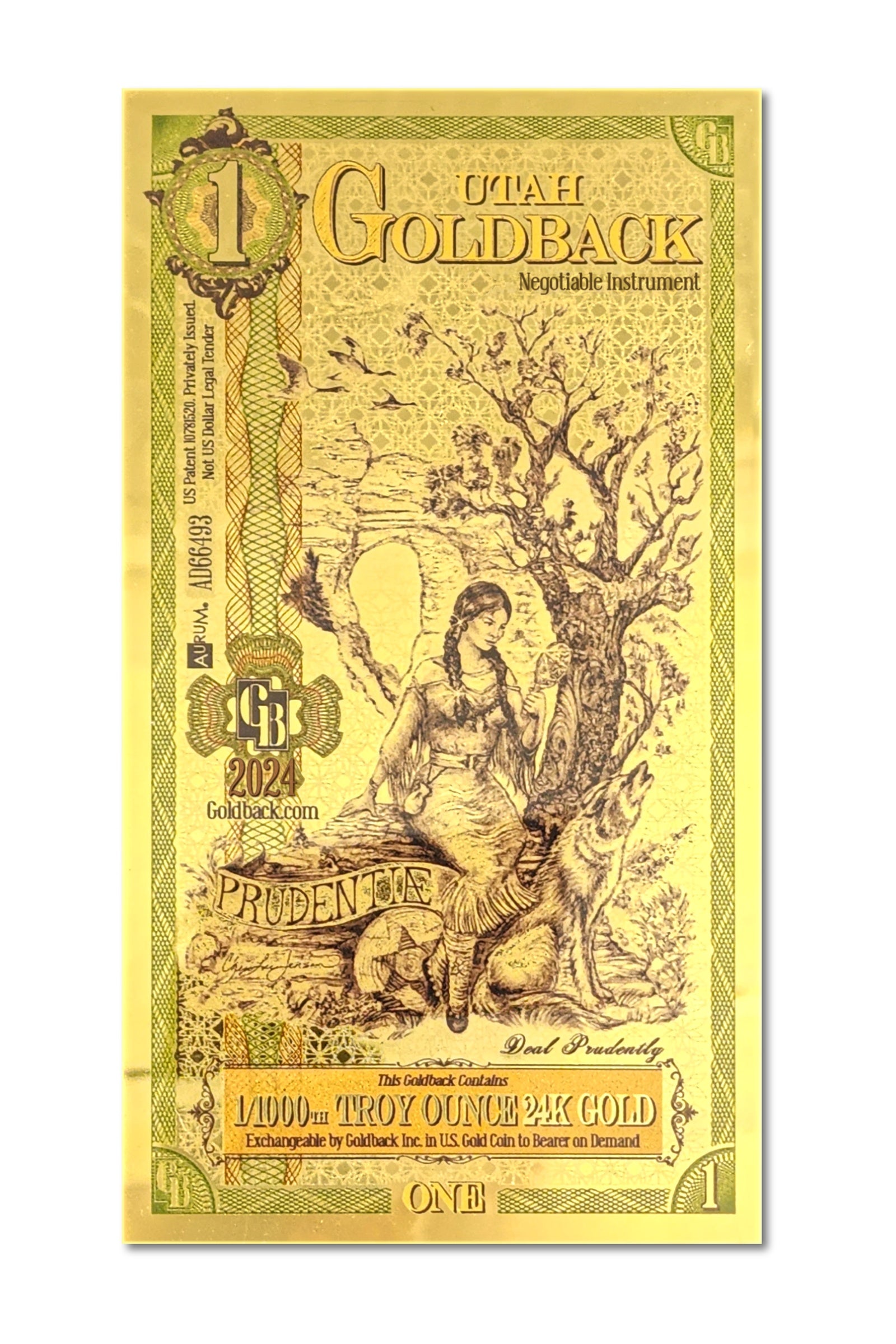 1 Utah Goldback Gold Note — .9999 Fine 24k Gold Goldback