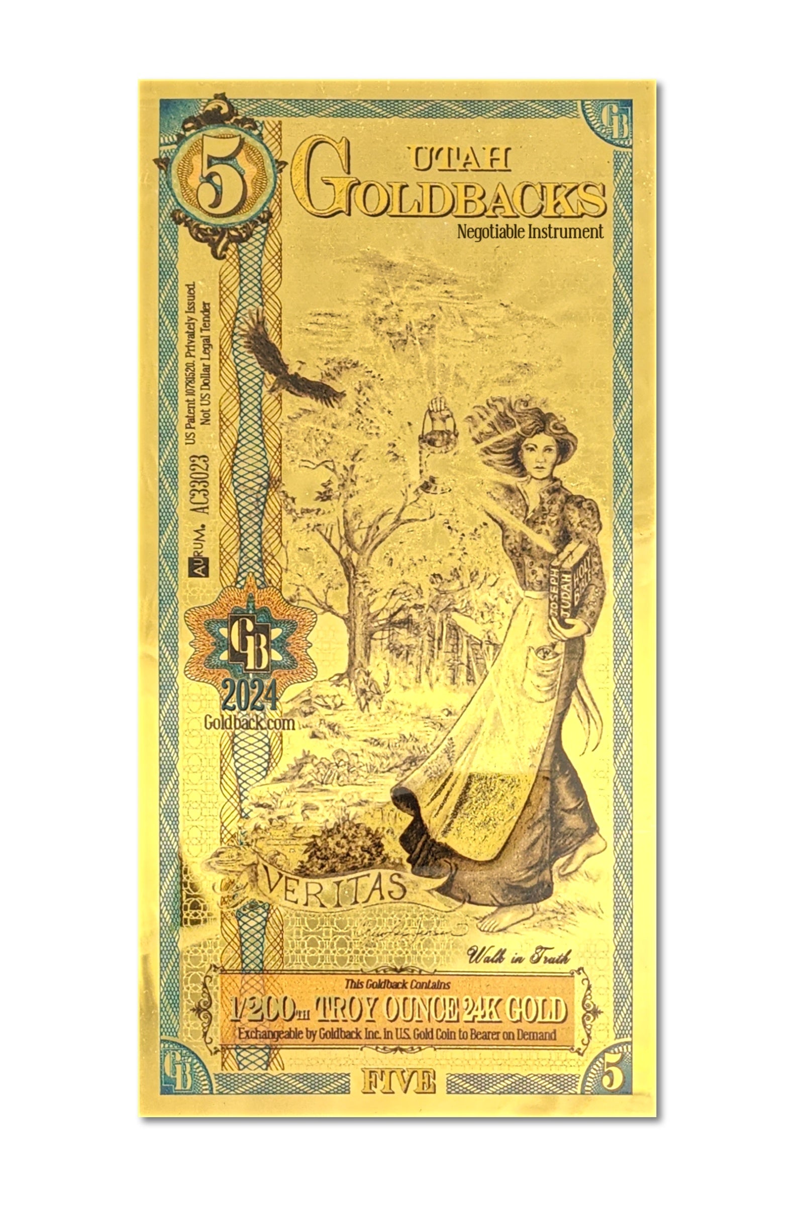 5 Utah Goldback Gold Note — .9999 Fine 24k Gold Goldback