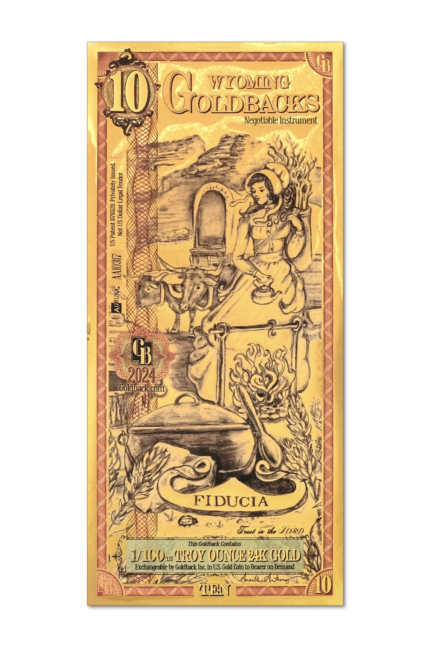 10 Wyoming Goldback Gold Note — .9999 Fine 24k Gold Goldback