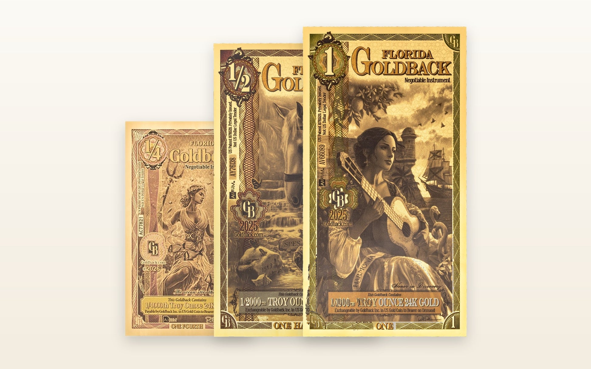 Florida 3-Note Starter Bundle — ¼, ½, and 1 Goldback notes
