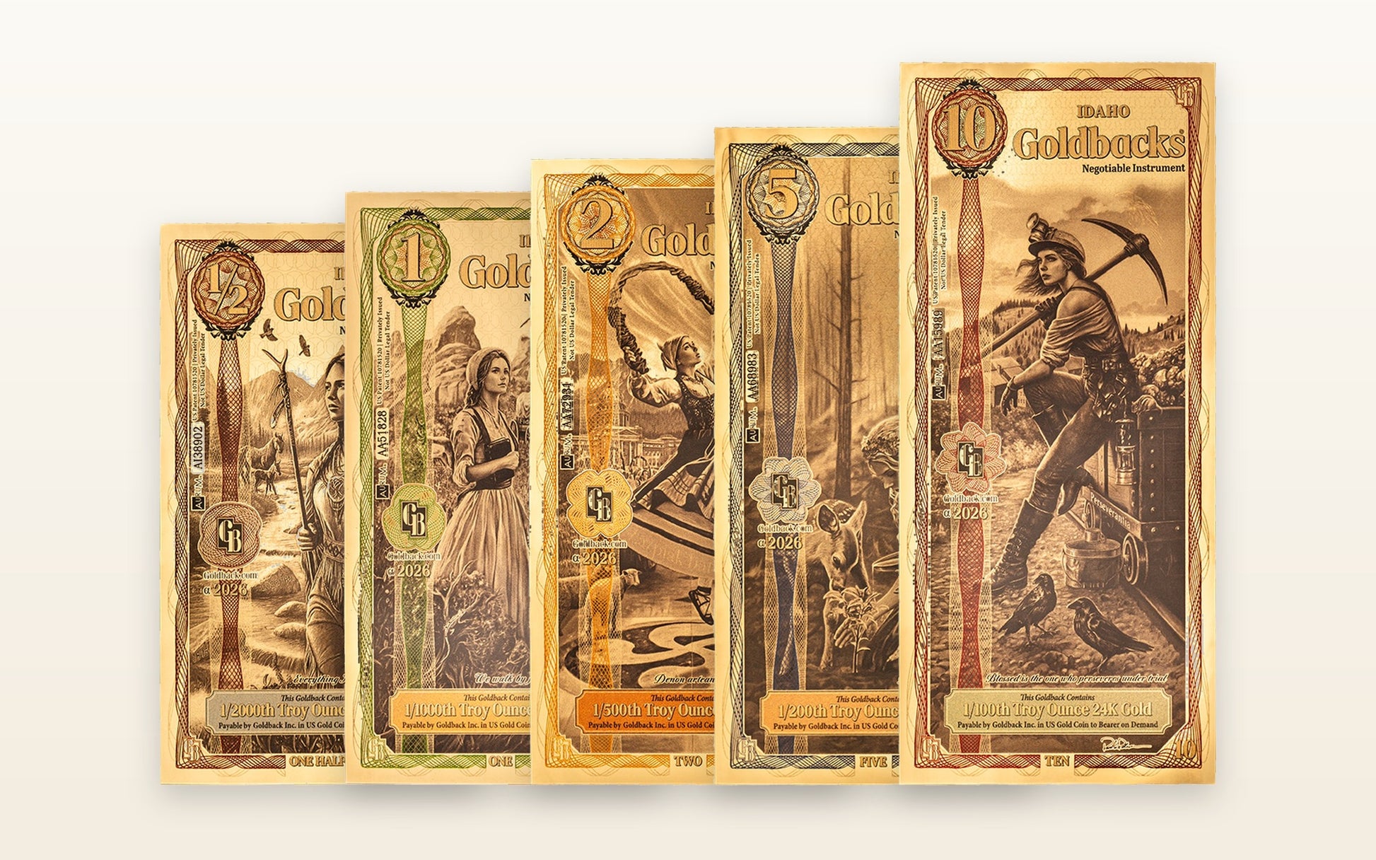 Idaho 5-Note Starter Set — ½, 1, 2, 5, 10 Goldbacks